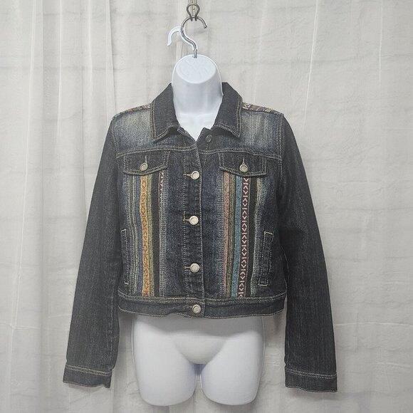 Hot Kiss Blue Denim Aztec Tapestry Jean Jacket Bohemian Southwestern Cropped L - Picture 11 of 11